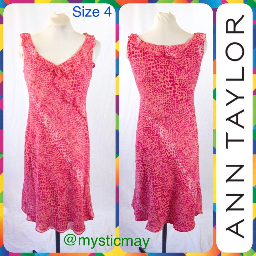 ANN TAYLOR Coral Pink Animal Print Ruffle Accent Silk Midi Dress Size 4 or S